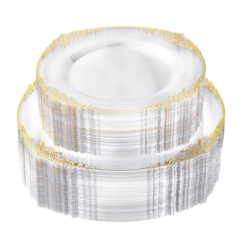 100 PCS Clear and Gold Plastic Plates for 50 Guests Clear Disposable Plates Include 50 PCS Dinner Plates 50 PCS Dessert Plates for Party Wedding and Graduation